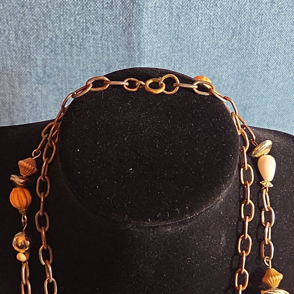 Earth Tone Bead Coppertone Chain Necklace Boho 70s Vibe - Picture 12 of 16